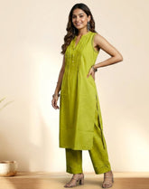 Lime Green Solid Cotton Kurta Pant Set