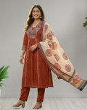 Rust Brown Ethnic Printed Kurta Pant Set with Dupatta