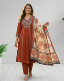 Rust Brown Ethnic Printed Kurta Pant Set with Dupatta