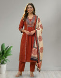Rust Brown Ethnic Printed Kurta Pant Set with Dupatta