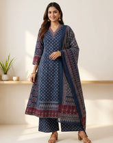 Navy Heritage Block Print Kurta Set