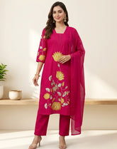 Magenta Lotus Embroidered Party Wear Kurta Pant Set with Dupatta