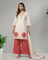 Off White Cotton Embroidered Kurta Palazzo Set with Dupatta
