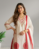Off White Cotton Embroidered Kurta Palazzo Set with Dupatta