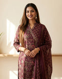 Wine Floral Printed Kurta Pant Set with Dupatta