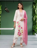 White Pink Floral Embroidered Mul Cotton Semi Anarkali Set with Dupatta