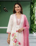 White Pink Floral Embroidered Mul Cotton Semi Anarkali Set with Dupatta