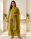 Mustard Green Floral Embroidered (Patch work) Mul Chanderi Sharara Set with Dupatta
