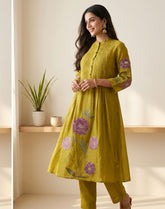 Mustard Green Floral Embroidered (Patch work) Mul Chanderi Sharara Set with Dupatta