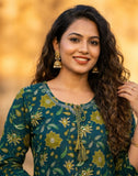Teal Green Floral Printed Kurta Pant Set with Dupatta