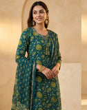 Teal Green Floral Printed Kurta Pant Set with Dupatta
