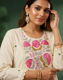 Cream Floral Printed Cotton A-Line Kurta Pant Set with Dupatta
