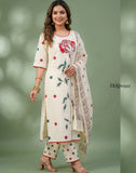 Cream Floral Hand Block Print Cotton Kurta Pant Set with Dupatta
