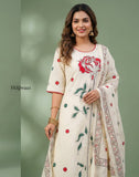 Cream Floral Hand Block Print Cotton Kurta Pant Set with Dupatta