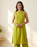 Lime Green Solid Cotton Kurta Pant Set