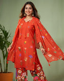 Deep Orange Floral Printed Kurta Palazzo Set with Dupatta