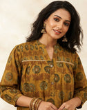 Mustard Brown Ajrak Printed Cotton Kurti