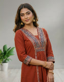 Rust Brown Ethnic Printed Kurta Pant Set with Dupatta