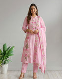 Baby Pink Floral Embroidered Kurta Pant Set with Dupatta