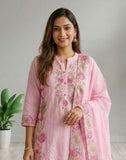 Baby Pink Floral Embroidered Kurta Pant Set with Dupatta