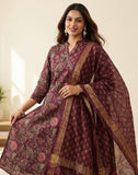 Wine Floral Printed Kurta Pant Set with Dupatta