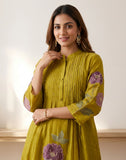 Mustard Green Floral Embroidered (Patch work) Mul Chanderi Sharara Set with Dupatta