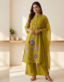 Mustard Green Floral Embroidered (Patch work) Mul Chanderi Sharara Set with Dupatta