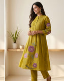 Mustard Green Floral Embroidered (Patch work) Mul Chanderi Sharara Set with Dupatta