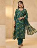 Teal Green Floral Printed Kurta Pant Set with Dupatta