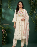 Cream Floral Printed Cotton A-Line Kurta Pant Set with Dupatta