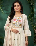 Cream Floral Printed Cotton A-Line Kurta Pant Set with Dupatta