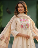 Cream Floral Printed Cotton A-Line Kurta Pant Set with Dupatta