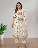 Cream Floral Hand Block Print Cotton Kurta Pant Set with Dupatta